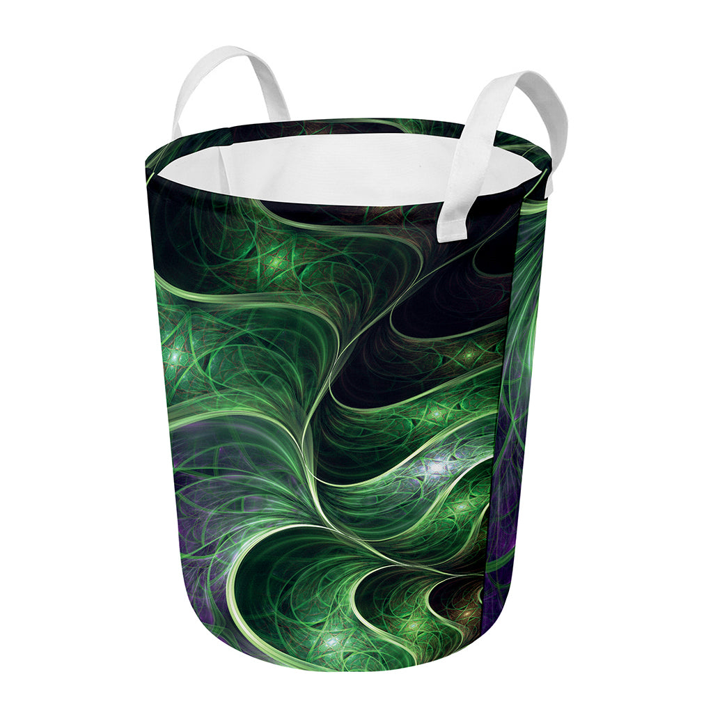 Green Fractal Print Round Laundry Basket