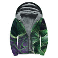 Green Fractal Print Sherpa Lined Zip Up Hoodie