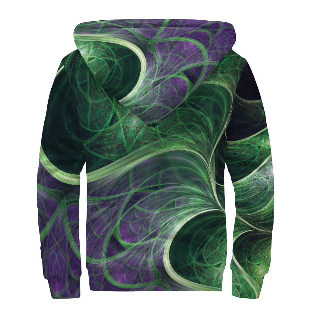 Green Fractal Print Sherpa Lined Zip Up Hoodie