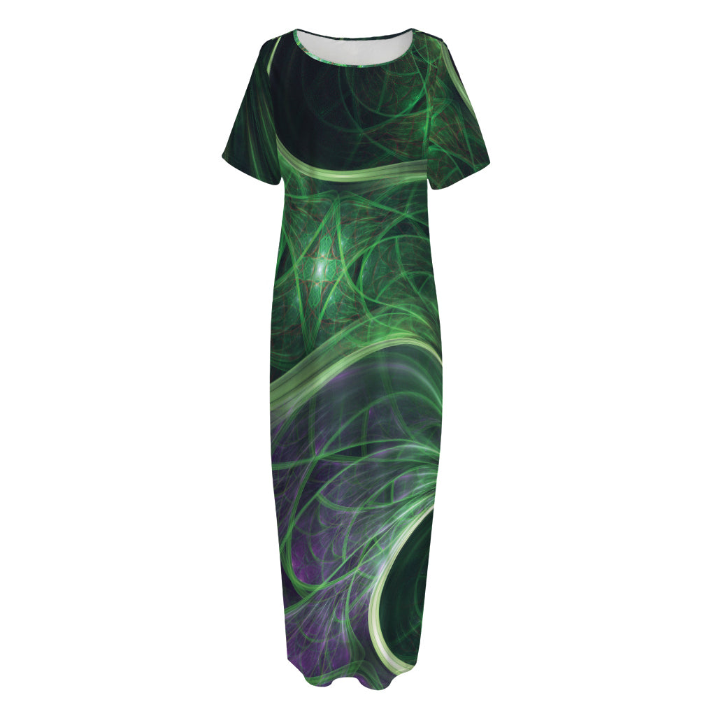 Green Fractal Print Short Sleeve Long Nightdress