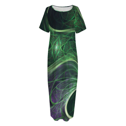 Green Fractal Print Short Sleeve Long Nightdress