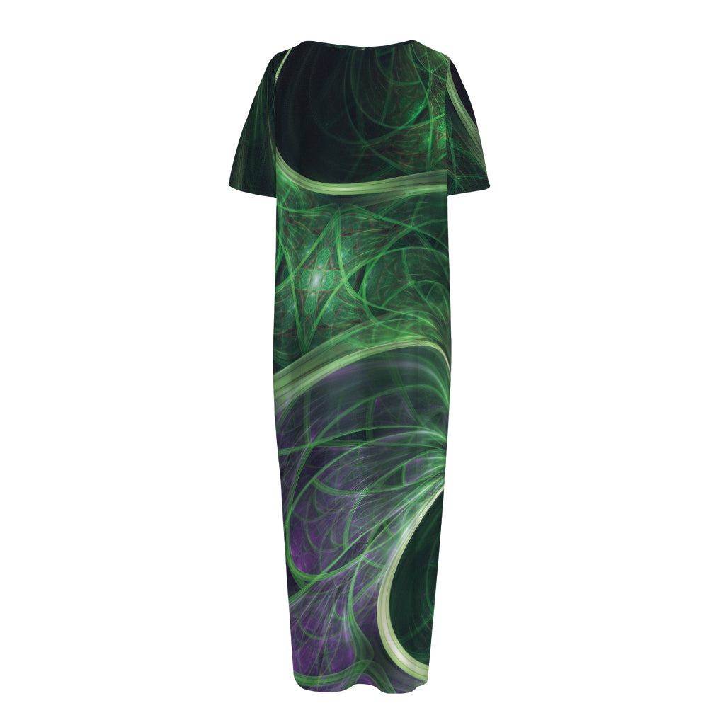 Green Fractal Print Short Sleeve Long Nightdress