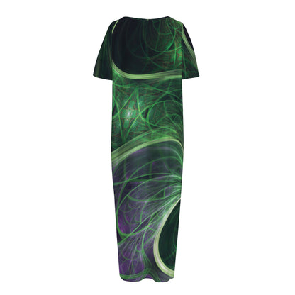 Green Fractal Print Short Sleeve Long Nightdress