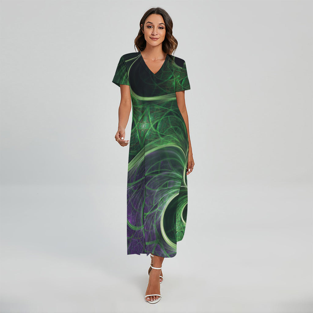 Green Fractal Print Short Sleeve Maxi Dress