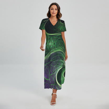 Green Fractal Print Short Sleeve Maxi Dress
