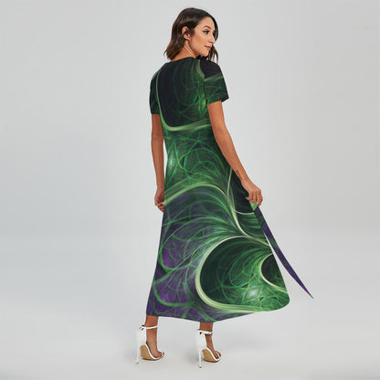 Green Fractal Print Short Sleeve Maxi Dress