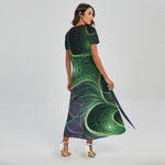 Green Fractal Print Short Sleeve Maxi Dress