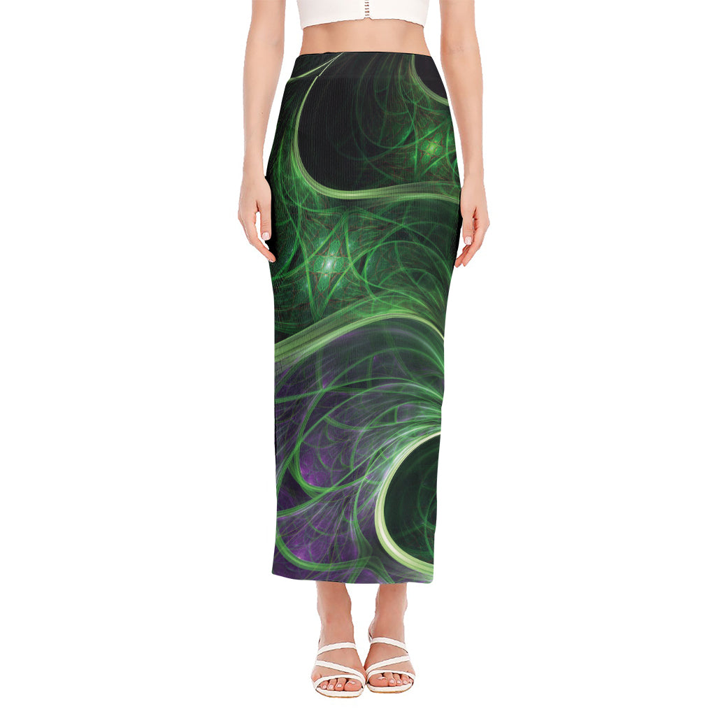 Green Fractal Print Side Slit Maxi Skirt