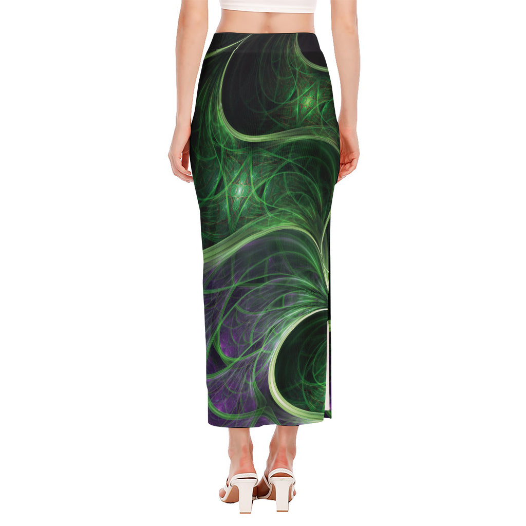 Green Fractal Print Side Slit Maxi Skirt