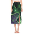 Green Fractal Print Side Slit Midi Skirt