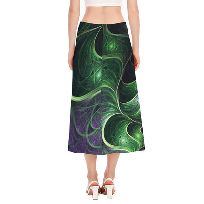 Green Fractal Print Side Slit Midi Skirt