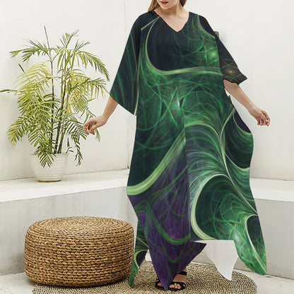Green Fractal Print Silk V-Neck Kaftan Dress