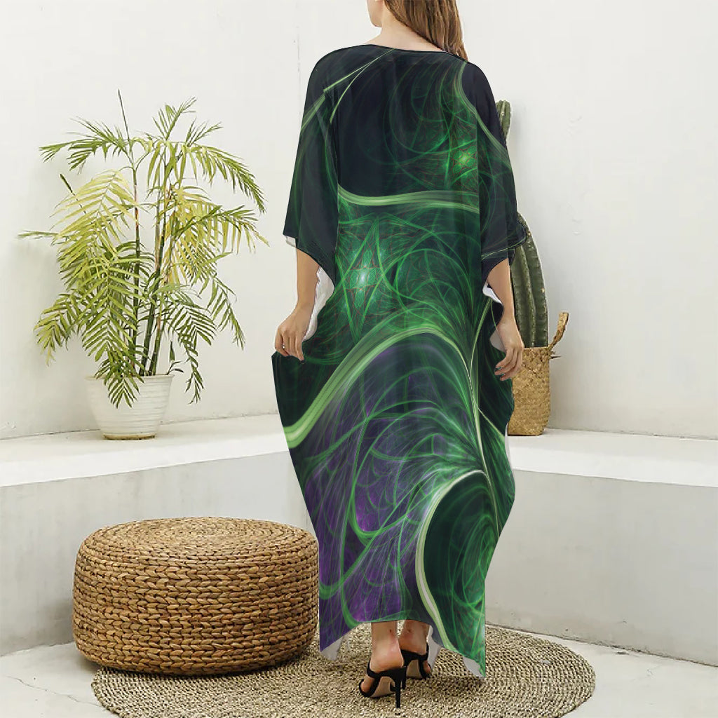 Green Fractal Print Silk V-Neck Kaftan Dress