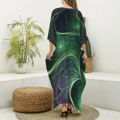 Green Fractal Print Silk V-Neck Kaftan Dress
