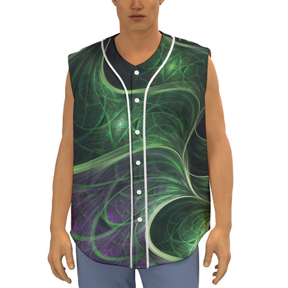 Green Fractal Print Sleeveless Baseball Jersey