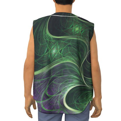 Green Fractal Print Sleeveless Baseball Jersey