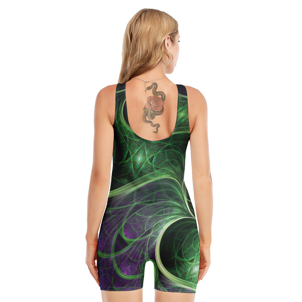 Green Fractal Print Sleeveless One Piece Swimsuit