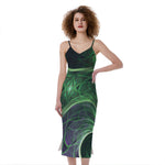 Green Fractal Print Slim Fit Midi Cami Dress