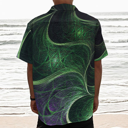Green Fractal Print Textured Short Sleeve Shirt