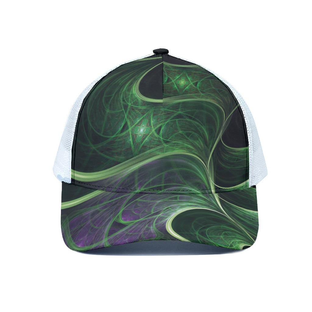 Green Fractal Print White Mesh Trucker Cap