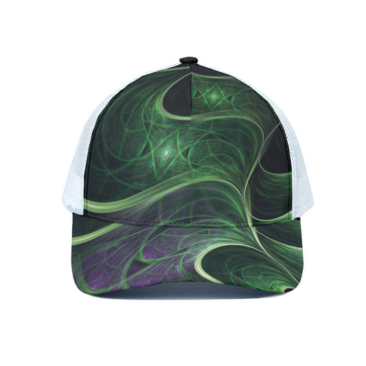 Green Fractal Print White Mesh Trucker Cap