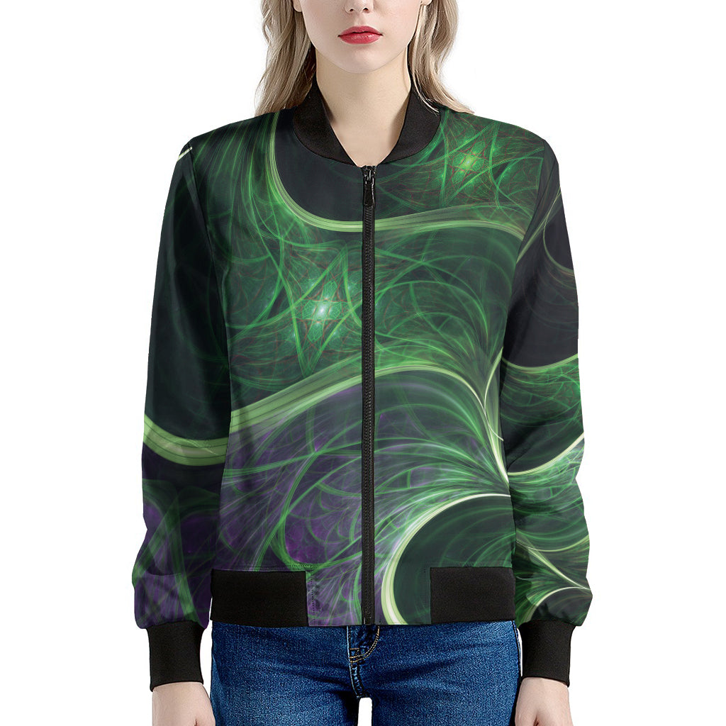 Green Fractal Print Women's Bomber Jacket