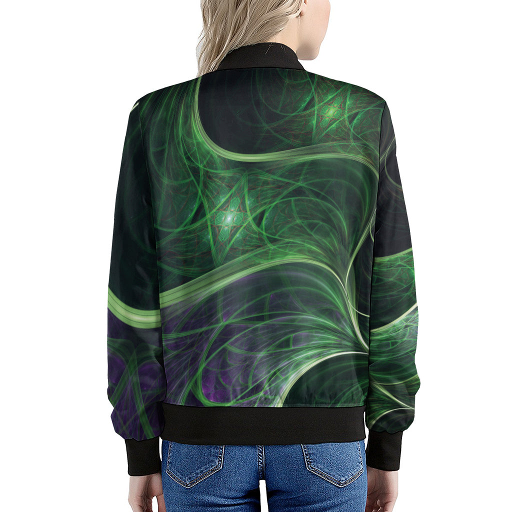 Green Fractal Print Women's Bomber Jacket