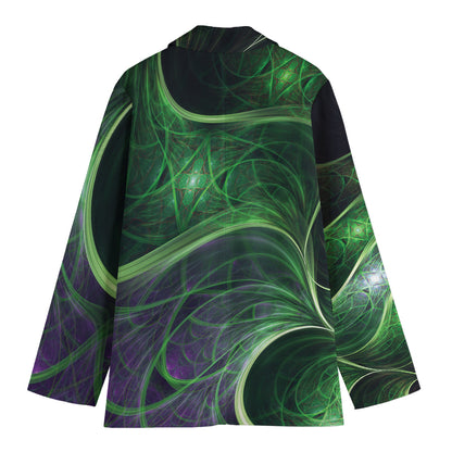 Green Fractal Print Women's Cotton Blazer