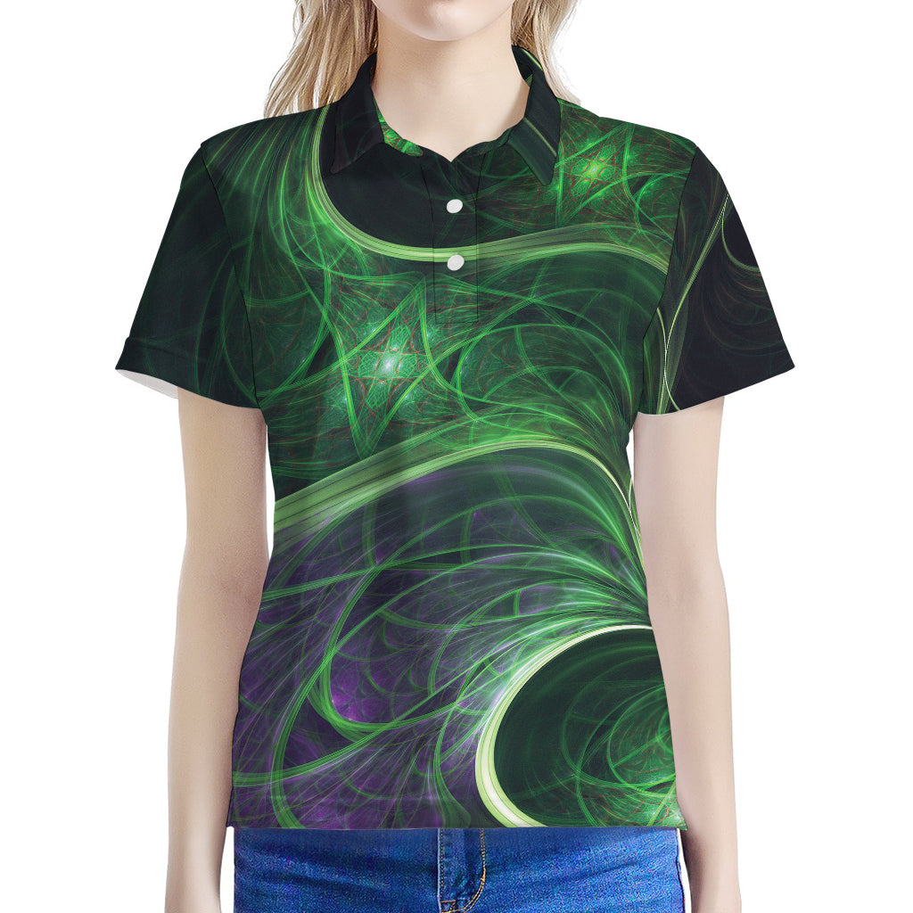 Green Fractal Print Women's Polo Shirt