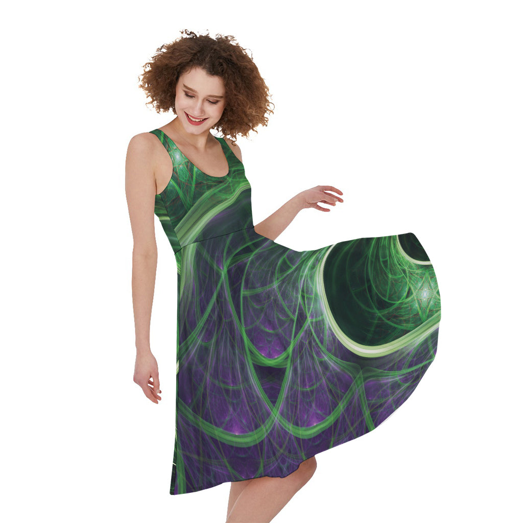 Green Fractal Print Women's Sleeveless Dress
