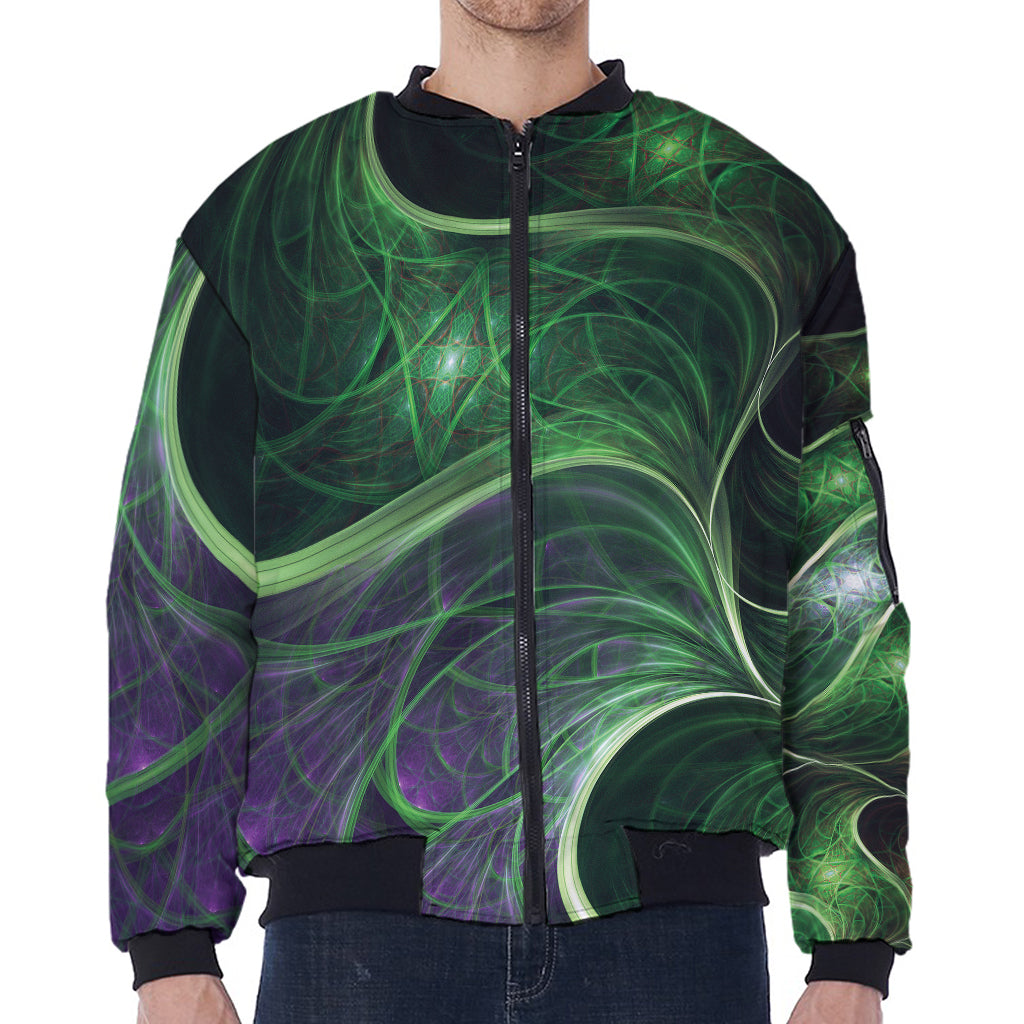 Green Fractal Print Zip Sleeve Bomber Jacket