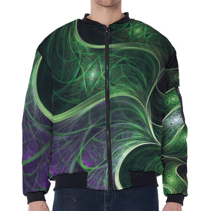 Green Fractal Print Zip Sleeve Bomber Jacket
