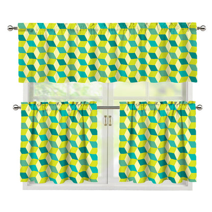 Green Geometric Cube Shape Pattern Print 3 Piece Kitchen Curtains