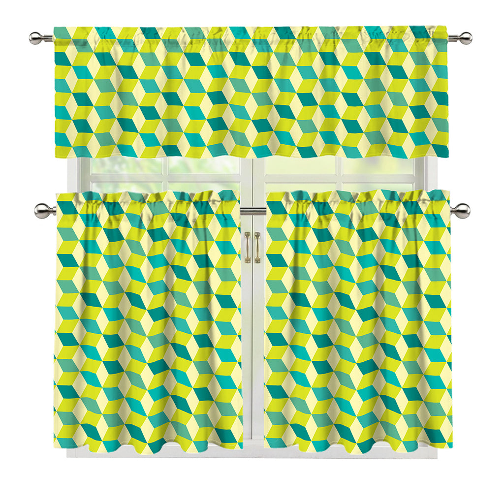 Green Geometric Cube Shape Pattern Print 3 Piece Kitchen Curtains