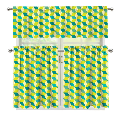Green Geometric Cube Shape Pattern Print 3 Piece Kitchen Curtains