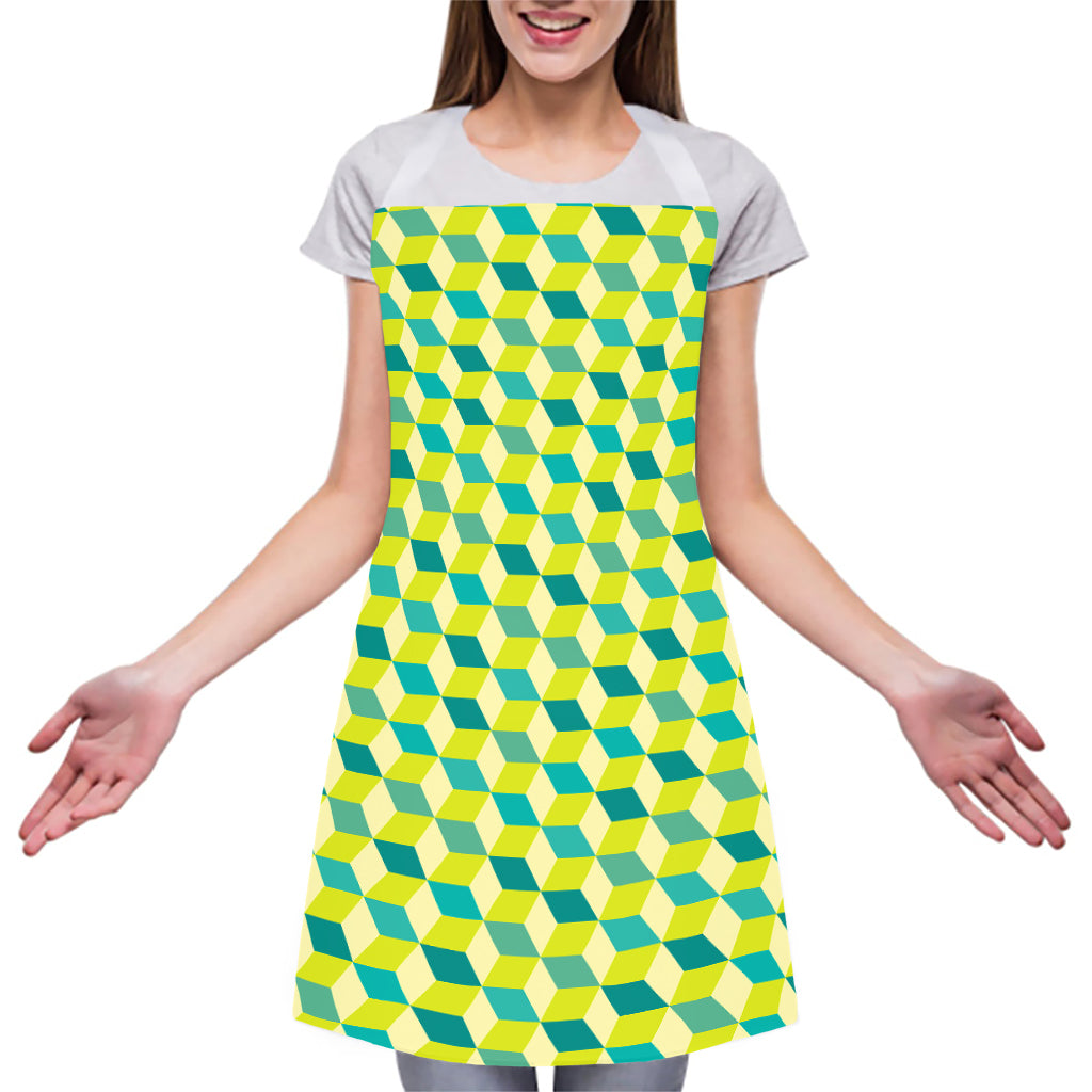 Green Geometric Cube Shape Pattern Print Adjustable Apron