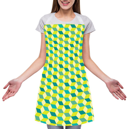 Green Geometric Cube Shape Pattern Print Adjustable Apron