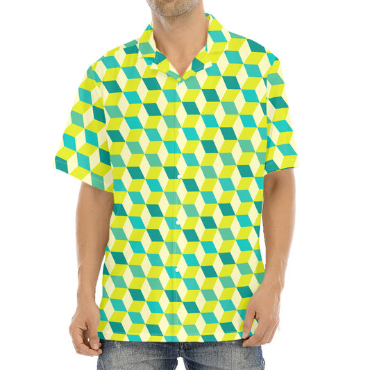 Green Geometric Cube Shape Pattern Print Aloha Shirt