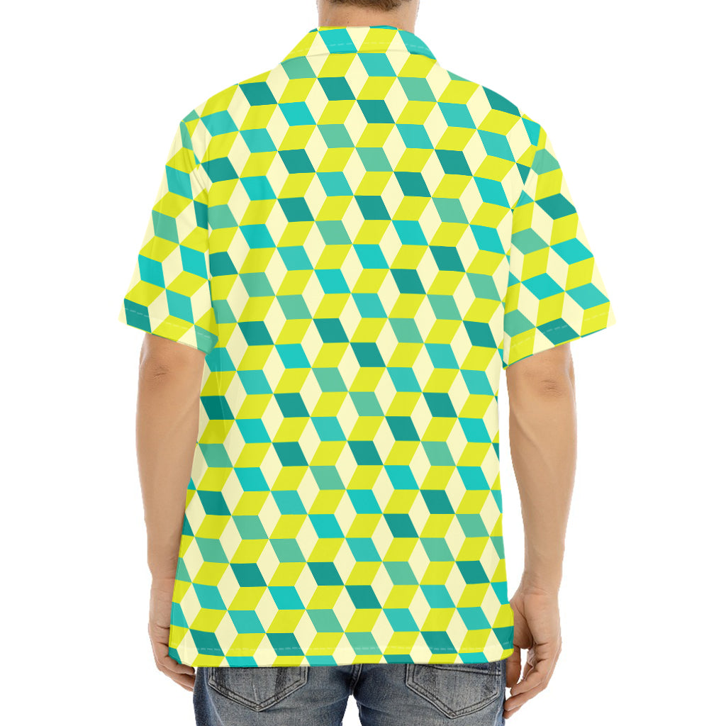 Green Geometric Cube Shape Pattern Print Aloha Shirt