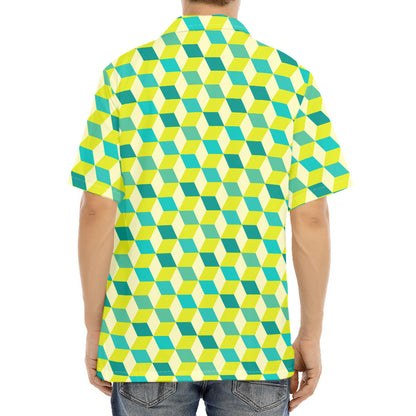 Green Geometric Cube Shape Pattern Print Aloha Shirt