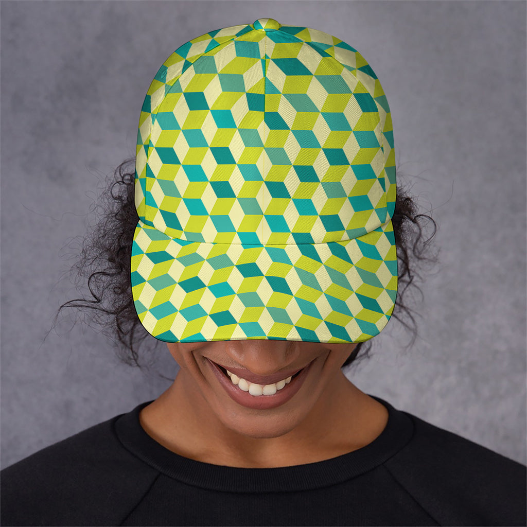 Green Geometric Cube Shape Pattern Print Baseball Cap