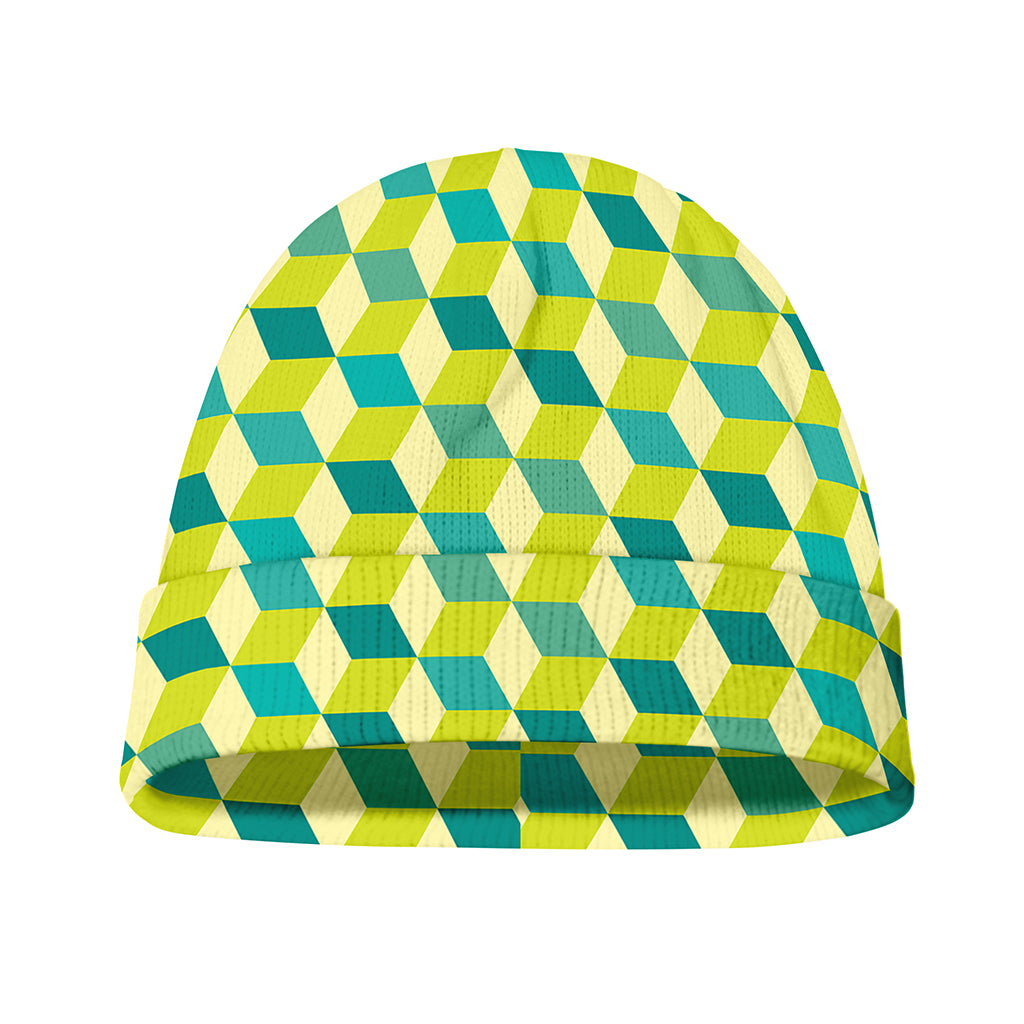 Green Geometric Cube Shape Pattern Print Beanie
