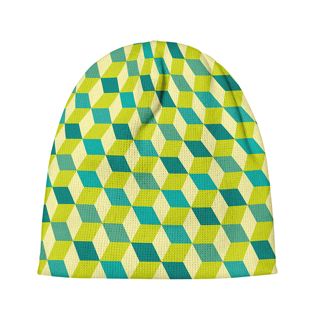Green Geometric Cube Shape Pattern Print Beanie