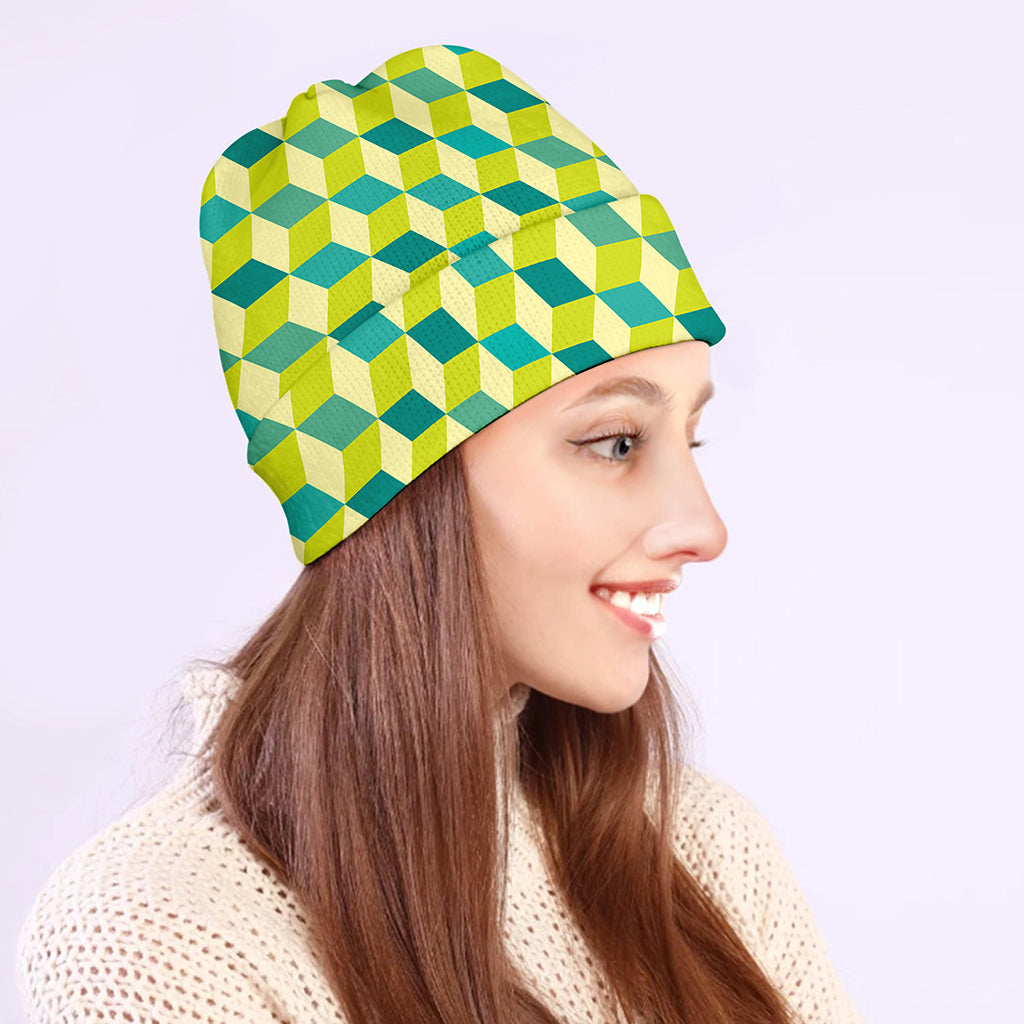 Green Geometric Cube Shape Pattern Print Beanie