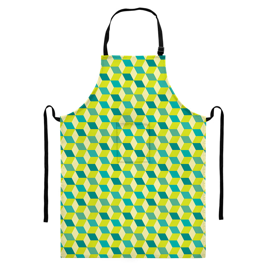 Green Geometric Cube Shape Pattern Print Bib Apron With Pocket