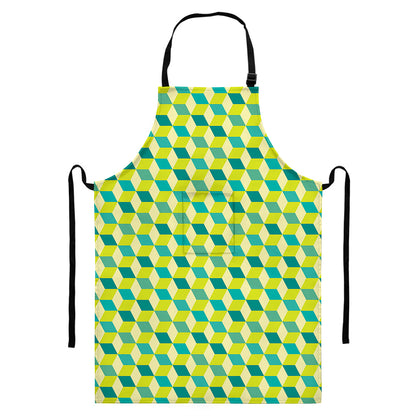 Green Geometric Cube Shape Pattern Print Bib Apron With Pocket