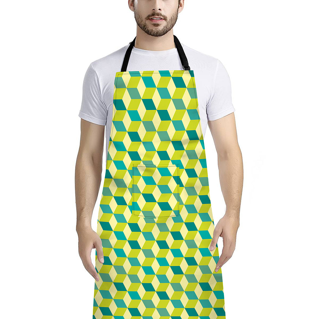 Green Geometric Cube Shape Pattern Print Bib Apron With Pocket
