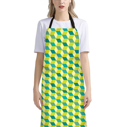 Green Geometric Cube Shape Pattern Print Bib Apron With Pocket