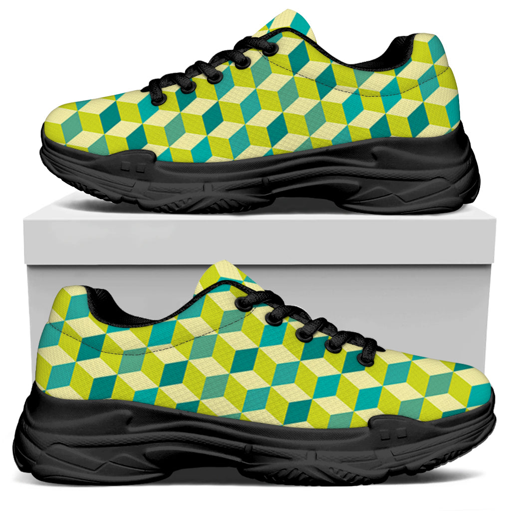 Green Geometric Cube Shape Pattern Print Black Chunky Shoes