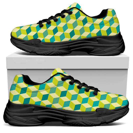 Green Geometric Cube Shape Pattern Print Black Chunky Shoes